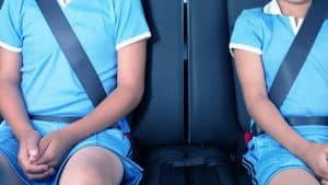 שני ילדים יושבים במושב האחורי של הרכב עם חגורות בטיחות